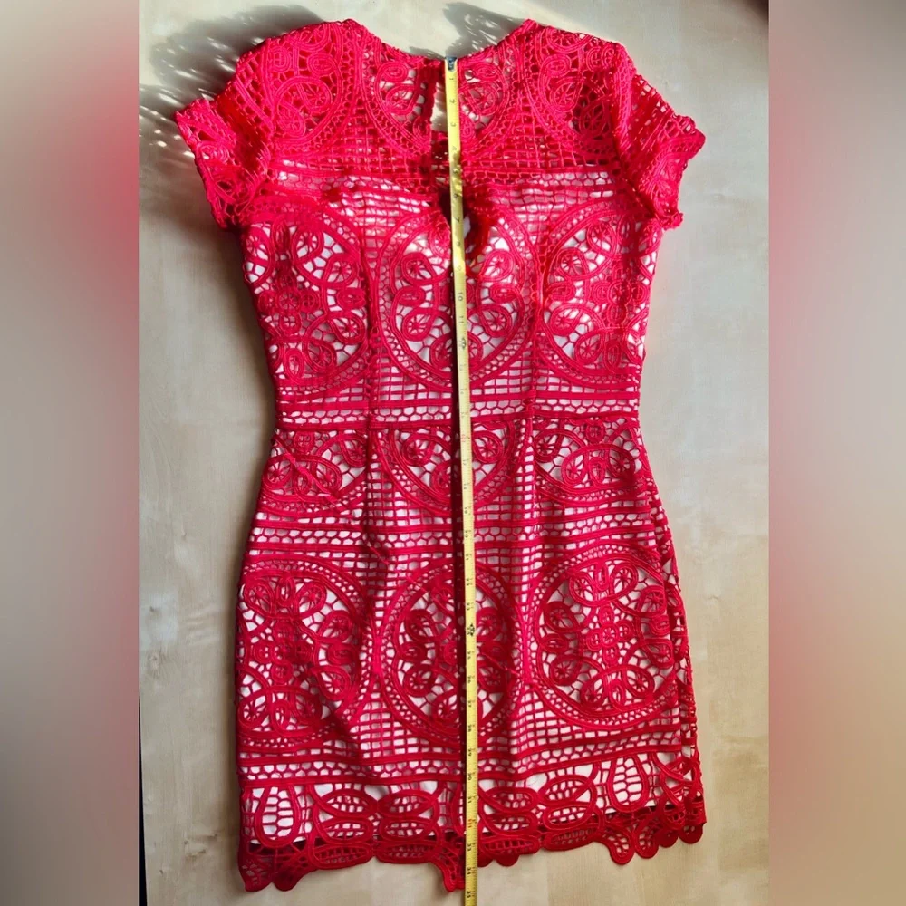 Red Lace Illusion Mini Sheath Dress Size 8 Date Night Wedding guest, Cocktail - Picture 8 of 11
